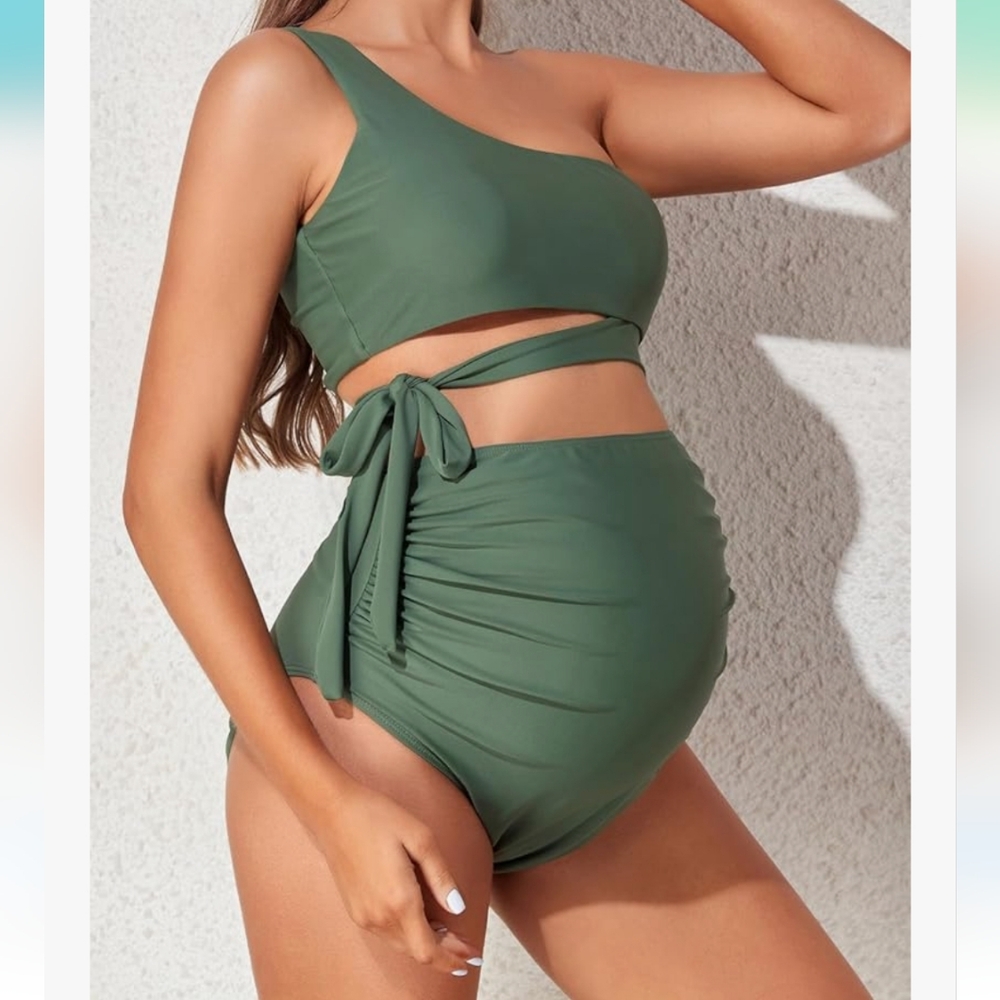 Summer Mae Maternity One-shoulder 2 Piece Bikini Swimsuit, Large, Green
